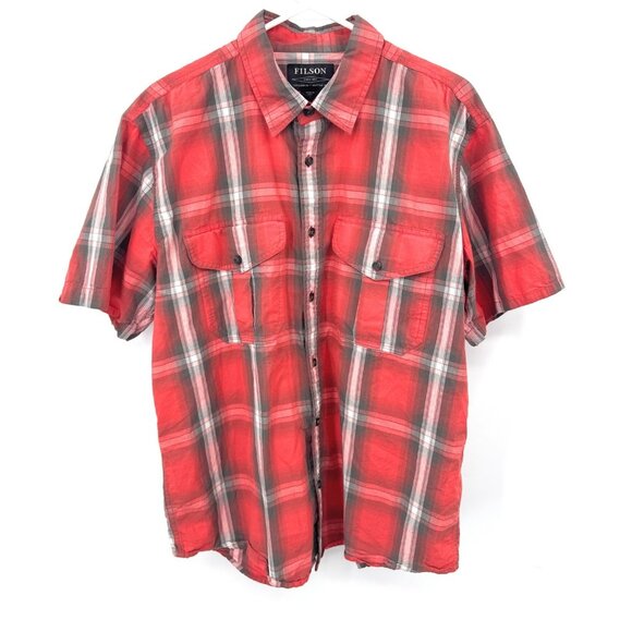 Filson Shirt Men’s Large Red Plaid Check Short Sleeve Fishing Cotton Button Up - Picture 1 of 5